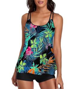 Damen Tankini Bauchweg Bademode Set Damen Freizeit Tankini Badeanzug Zweiteiler Tankini Set Sommer Elegant Badeanzüge für Damen Tankini Oberteil mit Badeshorts Grün Tropische Blätter Druck L von wihnsinop