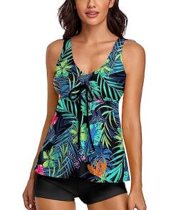 Damen Tankini Bauchweg Push Up Oberteil Bademode Set Damen Freizeit Tankini Badeanzug Zweiteiler Sommer Elegant Badeanzüge für Damen Tankini Oberteil mit Badeshorts Grün Tropische Blätter Druck L von wihnsinop