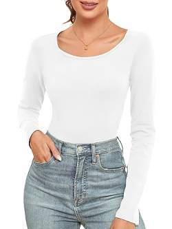 Langarmshirt Damen U-Ausschnitt Oberteile Longshirt Lässig Longtops Basic Einfarbig Oberteil Slim Fit Tops Fashion Langarm T-Shirt Top für Frauen Weiß XL von wihnsinop