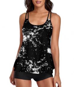 Tankini Damen Bauchweg Bademode Set Damen Freizeit Tankini Badeanzug Zweiteiler Tankini Set Sommer Elegant Badeanzüge für Damen Tankini Oberteil und Badeshorts Schwarz Weiß Tie-dye Tankini L von wihnsinop