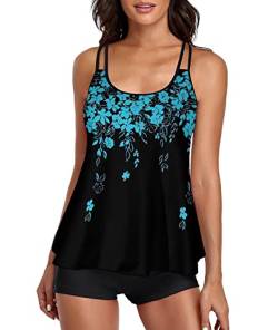 wihnsinop Badeanzug Damen Tankini Bauchweg Bademode Oberteil Set Damen Freizeit Tankinis Badeanzug Zweiteiler Tankini Set Sommer Elegant Badeanzüge für Damen Tankini mit Badeshorts Blau S von wihnsinop