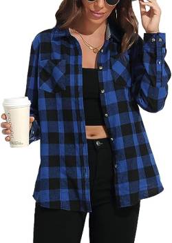 wihnsinop Bluse Damen Flanell Kariertes Hemd mit Knopfleiste Langarm Lässiges Hemden Slim Fit Passform Karo Hemdbluse Baumwolle Dickes Oberteile mit Tasche Oktoberfest Blau Schwarz L von wihnsinop