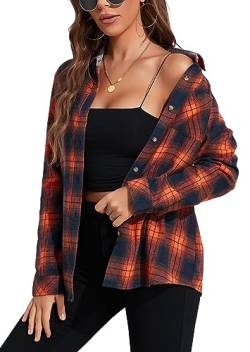 wihnsinop Bluse Damen Kariertes Hemd mit Knopfleiste Flanell Langarm Lässiges Hemden Button-down Hemdbluse Karo Tunika Baumwolle Dickes Oberteile mit Tasche Oktoberfest Blau Orange Kariert L von wihnsinop