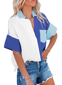 wihnsinop Damen Bluse Damen Tunika Sommer V-Ausschnitt Colour Blocking Kurzarm Chiffon Hemd Bluse Lässige Tshirt Tops für Sommer Blau M von wihnsinop