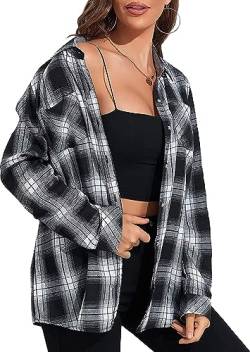 wihnsinop Damen Kariertes Hemd mit Knopfleiste Flanell Langarm Hemden Button-down Hemdbluse Oktoberfest Bluse Karo Tunika Baumwolle Tops Casual V-Ausschnitt Oberteile Schwarz Weiß L von wihnsinop