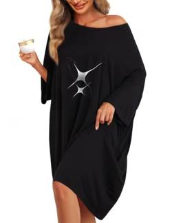 wihnsinop Damen Nachthemd Bambus Kurzarm Nachtwäsche Schlafshirt Sleepshirt U-Ausschnitt Sommer Schlafkleid Nachtkleid Schlafhemd Sleepwear Negligee T-Shirt Dress von wihnsinop