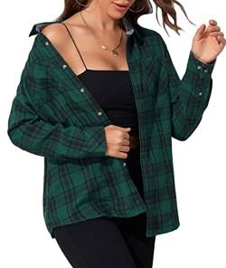 wihnsinop Flanell Hemd Damen Kariertes Bluse mit Knopfleiste Hemden Oktoberfest Langarmshirt Lässiges Hemdbluse Baumwolle Dickes Oberteile mit Tasche Grün Karo L von wihnsinop