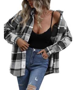 wihnsinop Hemd Damen Bluse Flanell Kariertes Oktoberfest Oberteile Lose Dickes Langarmshirt Lockere Passform Blusen Tops Lässiges mit Tasche Langarm Casual Schwarz Grau XXL von wihnsinop