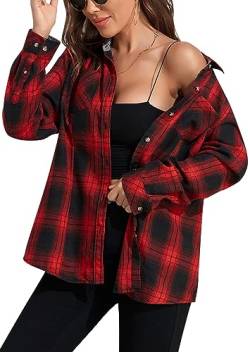 wihnsinop Hemd Damen Kariertes Bluse Flanell Hemden Oktoberfest Karo Langarmshirt Lässiges Hemdbluse Baumwolle Oberteile mit Tasche Rot Schwarz Karo XL von wihnsinop