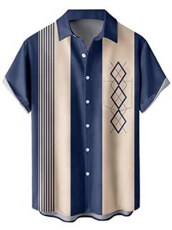 wihnsinop Herren Gestreifte Mode Shirts Button Down Kurzarm Vintage Hawaii Bowling Shirt Casual Camp Strand Tops, 05 Muster Blau Aprikose Geometrisch, XL von wihnsinop