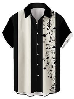 wihnsinop Herren Gestreifte Mode Shirts Button Down Kurzarm Vintage Hawaii Bowling Shirt Casual Camp Strand Tops, 05 Muster Schwarz Musical, M von wihnsinop