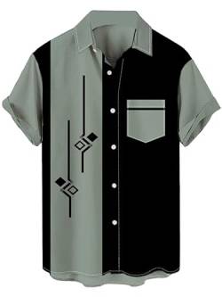 wihnsinop Herren Hemd Gedruckt Kurzarm Hawaiihemd Vintage Freizeithemd Vordertasche Bowling Shirts Strandhemd, 01 Striped Graugrün Geometrisch, StripeBT1074242 von wihnsinop