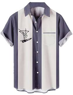 wihnsinop Herren Hemd Gedruckt Kurzarm Hawaiihemd Vintage Freizeithemd Vordertasche Bowling Shirts Strandhemd, 05 Muster Grau Martini Zigarre, XXL von wihnsinop