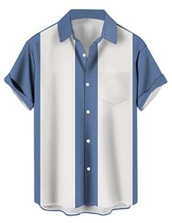 wihnsinop Herren Klassische Kurzarm Hemd, Gestreiftes Bowlinghemden Knopfverschluss Hawaiihemd Sommerhemd, TTbt1074242, 3XL, Zweifarbig Blau Weiß von wihnsinop