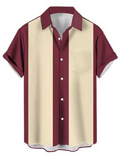 wihnsinop Herren Klassische Kurzarm Hemd, Gestreiftes Bowlinghemden Knopfverschluss Hawaiihemd Sommerhemd, TTbt1074242, 3XL, Zweifarbig Weinrot Gelb von wihnsinop