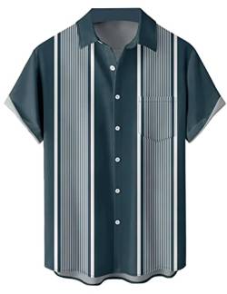 wihnsinop Herren Klassische Kurzarm Hemd, Zweifarbig Gestreiftes Bowlinghemden Knopfverschluss Hawaiihemd Sommerhemd, Nadelstreifen Blaugrau, (TTbt1074242) von wihnsinop