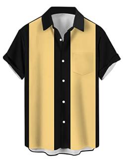 wihnsinop Herren Klassische Kurzarm Hemd, Zweifarbig Gestreiftes Bowlinghemden Knopfverschluss Hawaiihemd Sommerhemd, Schwarz Gelb, XXL von wihnsinop