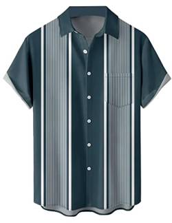 wihnsinop Herren Klassische Kurzarm Hemd, Zweifarbig Gestreiftes Bowlinghemden Knopfverschluss Hawaiihemd Sommerhemd, TTbt1074242, 3XL von wihnsinop