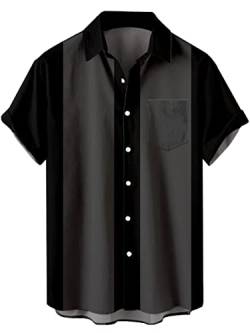 wihnsinop Herren Klassische Kurzarm Hemd, Zweifarbig Gestreiftes Bowlinghemden Knopfverschluss Hawaiihemd Sommerhemd, TTbt1074242, XXL, Zweifarbig Schwarz Dunkelgrau von wihnsinop