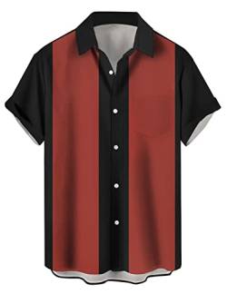 wihnsinop Herren Klassische Kurzarm Hemd, Zweifarbig Gestreiftes Bowlinghemden Knopfverschluss Hawaiihemd Sommerhemd, TTbt1074242, Zweifarbig Schwarz Rot von wihnsinop