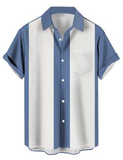 wihnsinop Herren Klassische Kurzarm Hemd, Zweifarbig Gestreiftes Bowlinghemden Knopfverschluss Hawaiihemd Sommerhemd, Zweifarbig Blau Weiß, XL, (TTbt1074242) von wihnsinop