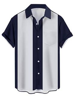 wihnsinop Herren Klassische Kurzarm Hemd, Zweifarbig Gestreiftes Bowlinghemden Knopfverschluss Hawaiihemd Sommerhemd, Zweifarbig Marineblau Hellgrau, TTbt1074242 von wihnsinop
