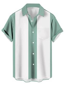 wihnsinop Herren Klassische Kurzarm Hemd, Zweifarbig Gestreiftes Bowlinghemden Knopfverschluss Hawaiihemd Sommerhemd, Zweifarbig Mint Weiß, (TTbt1074242) von wihnsinop