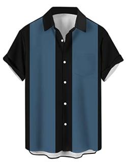 wihnsinop Herren Klassische Kurzarm Hemd, Zweifarbig Gestreiftes Bowlinghemden Knopfverschluss Hawaiihemd Sommerhemd, Zweifarbig Schwarz Blau, (TTbt1074242) von wihnsinop