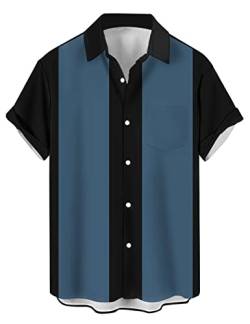 wihnsinop Herren Klassische Kurzarm Hemd, Zweifarbig Gestreiftes Bowlinghemden Knopfverschluss Hawaiihemd Sommerhemd, Zweifarbig Schwarz Blau, XL, TTbt1074242 von wihnsinop