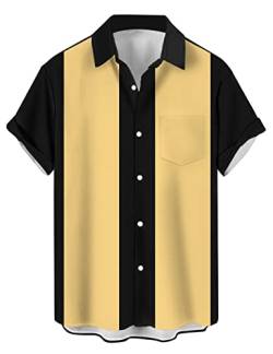 wihnsinop Herren Klassische Kurzarm Hemd, Zweifarbig Gestreiftes Bowlinghemden Knopfverschluss Hawaiihemd Sommerhemd, Zweifarbig Schwarz Gelb, 3XL, TTbt1074242 von wihnsinop