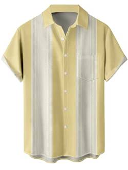 wihnsinop Herren Klassische Kurzarm Hemd, Zweifarbig Gestreiftes Bowlinghemden Knopfverschluss Hawaiihemd Sommerhemd von wihnsinop