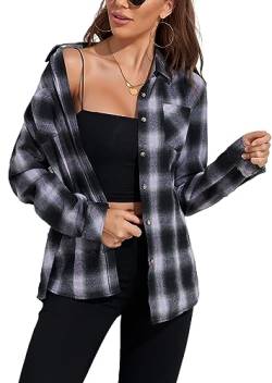 wihnsinop Kariertes Hemd Damen Bluse mit Knopfleiste Flanell Langarm Lässiges Hemden Langarmshirt Hemdbluse Karo Shirts Baumwolle Dickes Oberteile mit Tasche Oktoberfest Lila Kariert Tops XL von wihnsinop