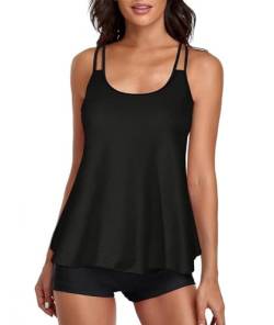 wihnsinop Tankini Damen Badeanzug Bauchweg Bademode Oberteil Set Damen Freizeit Tankini Badeanzug Zweiteiler Tankini Set Sommer Elegant Badeanzüge für Damen Tankini mit Badeshorts Schwarz XXL von wihnsinop