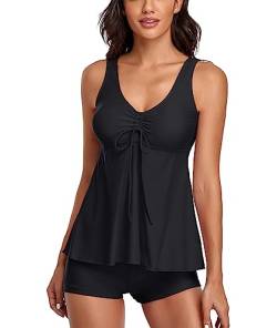 wihnsinop Tankini Damen Badeanzug Push Up Top Oberteil Bauchweg Bademode Set Zweiteiler Badeanzüge für mit Badeshorts Schwarz XXL von wihnsinop