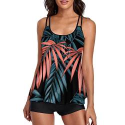 wihnsinop Tankini Damen Bauchweg Bademode Badeanzug Oberteil Set Damen Freizeit Tankinis Badeanzug Zweiteiler Tankini Set Sommer Elegant Badeanzüge für Damen Tankini mit Badeshorts Blaue Blätter XL von wihnsinop