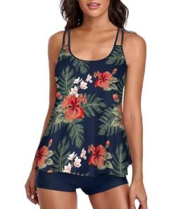 wihnsinop Tankini Damen Bauchweg Bademode Set Damen Freizeit Tankini Badeanzug Zweiteiler Tankini Set Sommer Elegant Badeanzüge für Damen Tankini Oberteil mit Badeshorts Navy S von wihnsinop