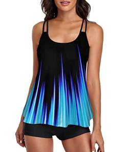 wihnsinop Tankini Damen Bauchweg Bademode Set Damen Freizeit Tankini Badeanzug Zweiteiler Tankini Set Sommer Elegant Badeanzüge für Damen Tankini Oberteil mit Badeshorts Schwarz Blau XL von wihnsinop