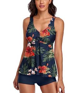 wihnsinop Tankini Damen Bauchweg Push Up Oberteil mit Badeshorts Bademode Set Badeanzug Zweiteiler Sommer Drucken Badeanzüge für Damen Strand Ferien Freizeit Navy L, A Blaue Blume von wihnsinop