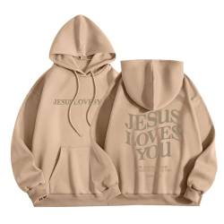 winwintom 2023 Jesus Loves You Hoodie Damen Kapuzenpullover Oversize Pullover Sweatshirt Freizeit Sport Langarmshirt Hoodies Training Pulli Streetwear (Khaki, M) von winwintom