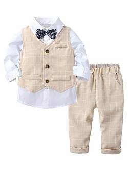 winying Baby Jungen Anzug Gentleman Outfit Langarm Fliege Hemd + Weste + Hose Kleinkinder Festlich Bekleidungsset Taufanzug Hochzeitanzug Festanzug Beige E 74-80 von winying