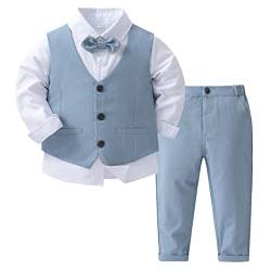 winying Baby Jungen Anzug Gentleman Outfit Langarm Fliege Hemd + Weste + Hose Kleinkinder Festlich Bekleidungsset Taufanzug Hochzeitanzug Festanzug Hellblau 86-92 von winying