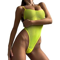 winying Damen Durchsichtige Mesh Bodysuit Spaghettiträger Ärmellos Netz Body Dessous Rückenfrei Reizwäsche Fluoreszierendes Gelb S von winying