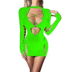 winying Damen Transparent Netzkleid Sexy Bodycon Minikleid Langarm Fischnetz Babydoll Hollow Out Nachthkleid Ärmellose Kleider Clubwear Grün C Einheitsgröße von winying