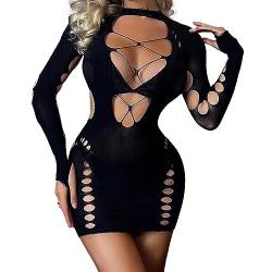 winying Damen Transparent Netzkleid Sexy Bodycon Minikleid Langarm Fischnetz Babydoll Hollow Out Nachthkleid Ärmellose Kleider Clubwear Schwarz C Einheitsgröße von winying