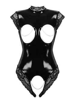 winying Damen Wetlook Body Ouvert Dessous Spitzen Stehkragen Erotik Busenfrei mit Brust Kette Erotische Reizwäsche Schwarz 4XL von winying