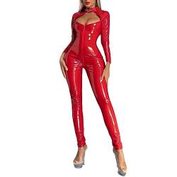 winying Damen Wetlook Body Tansparent Mesh Spleiß Dessous Latex Catsuit Offener Schritt mit Reißverschluss Langarm/Ärmellos Overall Jumpsuit Z Rot 3XL von winying