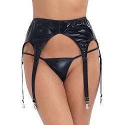 winying Damen Wetlook Strumpfgürtel Strumpfhalter Lack Leder Dessous Set mit String Tanga Slip Stretch Strapsgürtel Gogo Outfit Clubwear Schwarz Einheitsgröße von winying