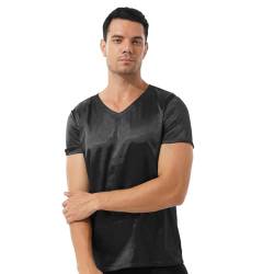 winying Herren Satin Tank Top Unterhemd Kurzarm T-Shirt V-Ausschnitt Schlafanzugoberteil Glatte Unterwäsche Sommer Nachtwäsche Schwarz XXL von winying