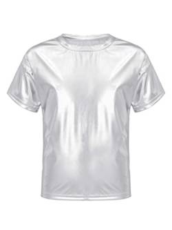 winying Kinder Mädchen Glänzend Metallic T-Shirt Kurzarm Rundhals Tanz Shirt Sportshirt Kurz Oberteil Unterhemd Sommer Hip Hop Tanz Oberteile Silber 146-152 von winying