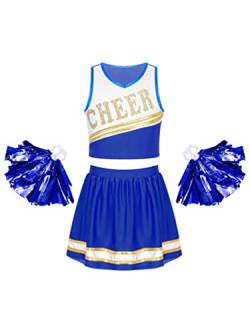 winying Kinderkostüm Cheer leader Mädchen Cheerleading Kostüm Schulmädchen Uniform Crop Top kurzer Faltenrock Minirock Tanz Outfits mit Pompoms Blau B 146-152 von winying